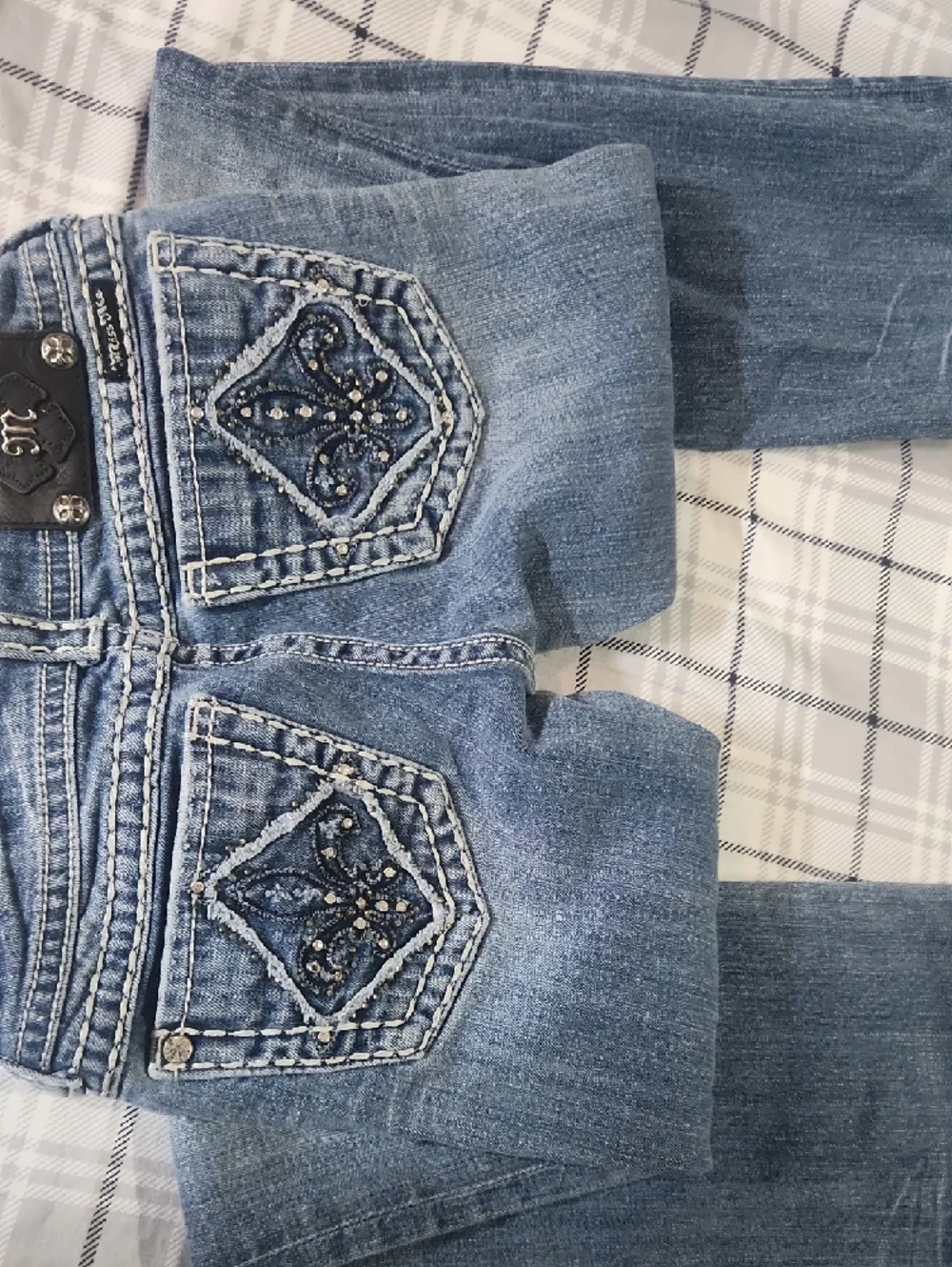 Miss Me Blue Wash Bootcut Jeans with Distressed Accents - Picture 3 of 7